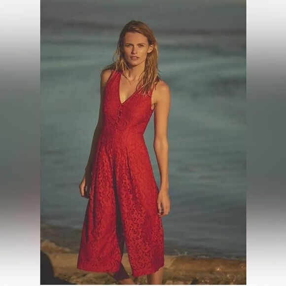 Moulinette Soeurs Anthropologie Jaeda Red Lace Wide Leg Jumpsuit Size 12 - Picture 2 of 10